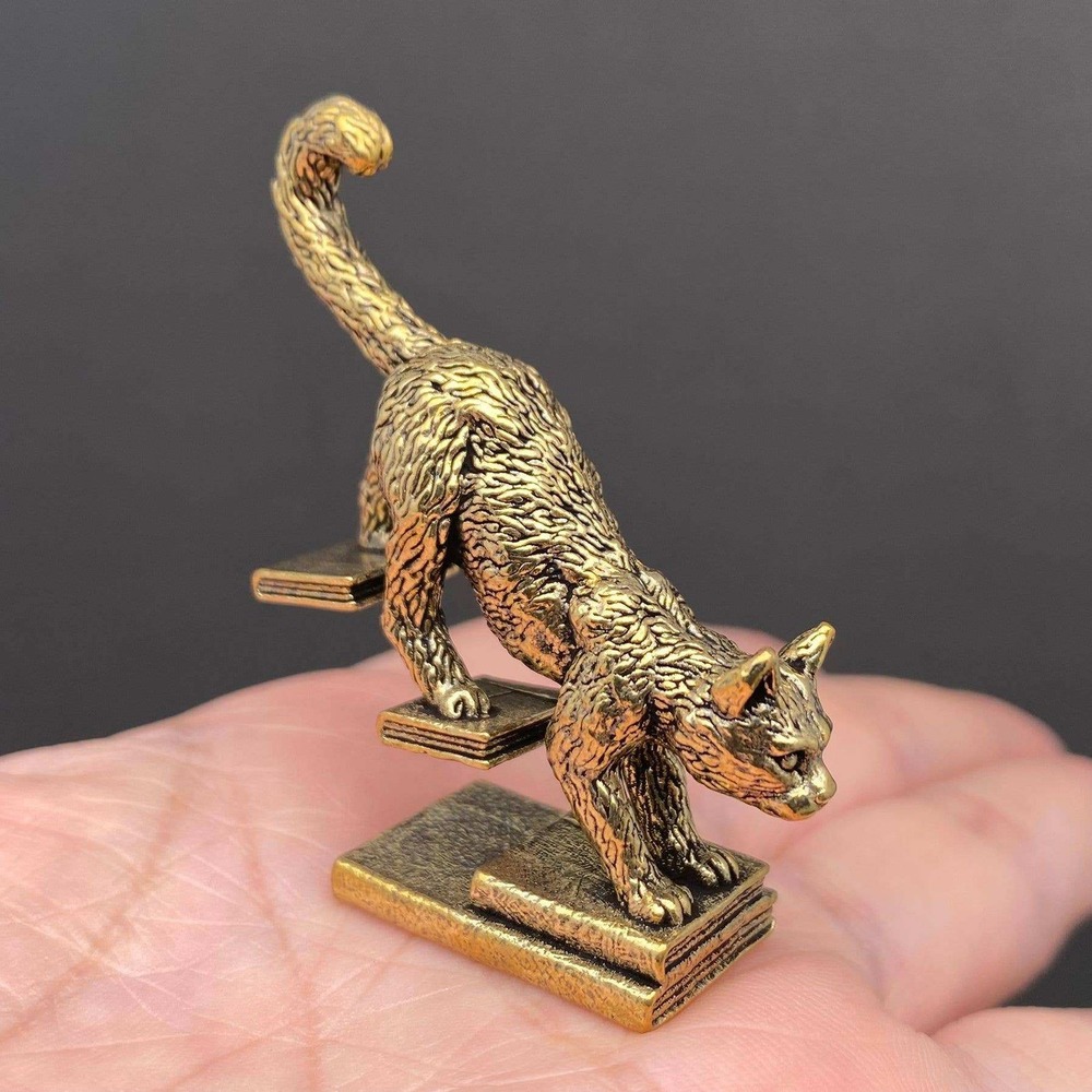 Brass Cat Walking on Books Figurine Book Lover Spirit Animal Library Decor